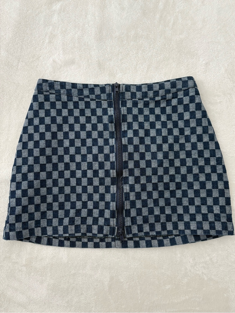 Blue Denim Checkered Mini Skirt with Zipper